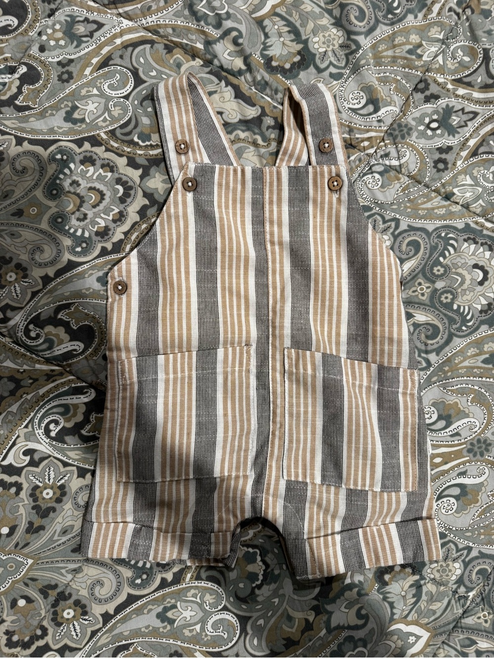 Tahari Striped Cotton Kids Overalls in Beige and Gray